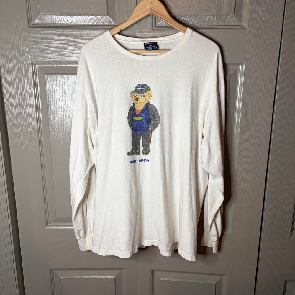 Vintage Polo Sport Ralph Lauren Bear Long Sleeve Shirt White Mens XL 90s Skater